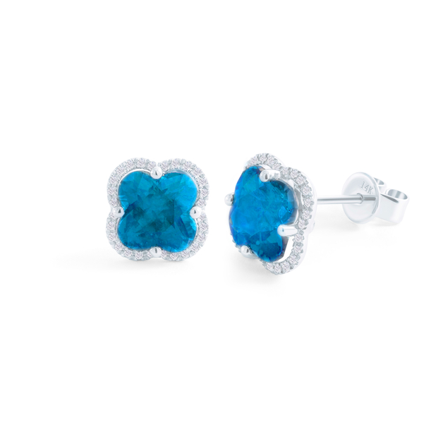 14K White Gold Blue Topaz Clover and Diamond Halo Earrings